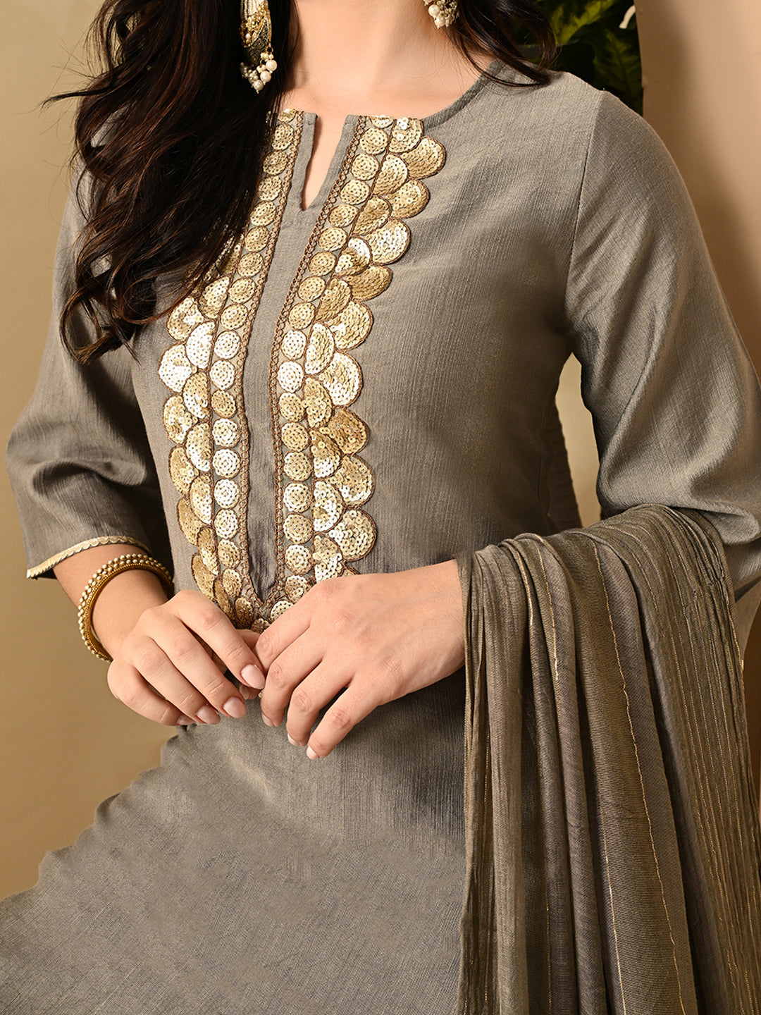 Myshka Women's Embroidered Keyhole Neck Bell Sleeves Kurta & Palazzos Set With Dupattas In Grey Colour