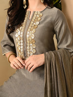 Thumbnail for Myshka Women's Embroidered Keyhole Neck Bell Sleeves Kurta & Palazzos Set With Dupattas In Grey Colour