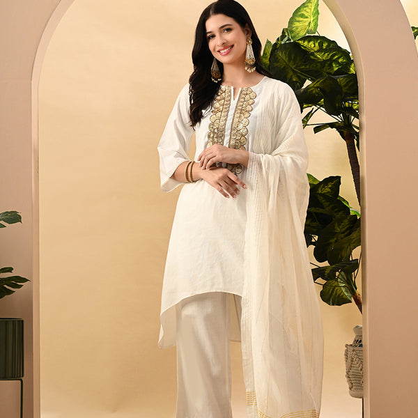 Myshka Women's Embroidered Keyhole Neck Bell Sleeves Kurta & Palazzos Set With Dupattas In White Colour - Distacart