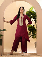 Thumbnail for Myshka Women's Embroidered Keyhole Neck Bell Sleeves Kurta & Palazzos Set With Dupattas In Magenta Colour