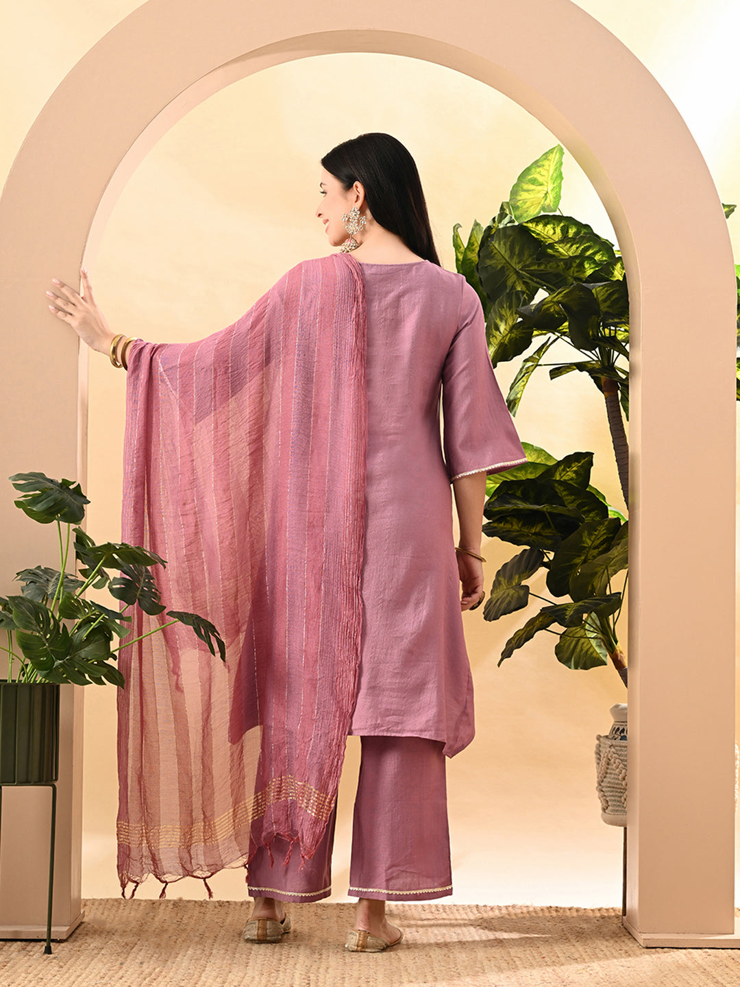 Myshka Women's Embroidered Keyhole Neck Bell Sleeves Kurta & Palazzos Set With Dupattas In Lavender Colour - Distacart