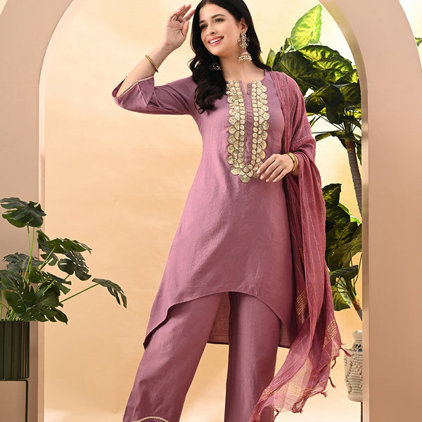 Myshka Women's Embroidered Keyhole Neck Bell Sleeves Kurta & Palazzos Set With Dupattas In Lavender Colour - Distacart