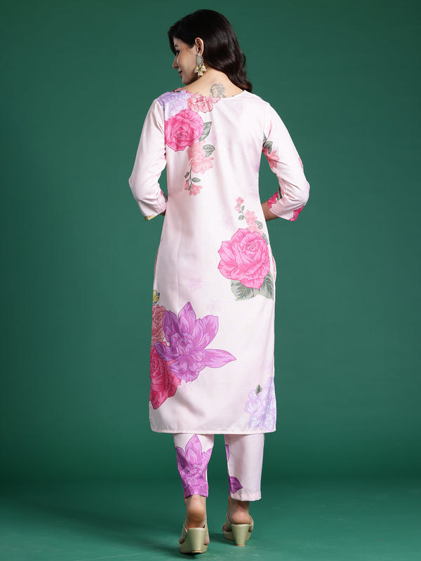 Indo Era Peach Printed Straight Kurta Trousers Set - Distacart