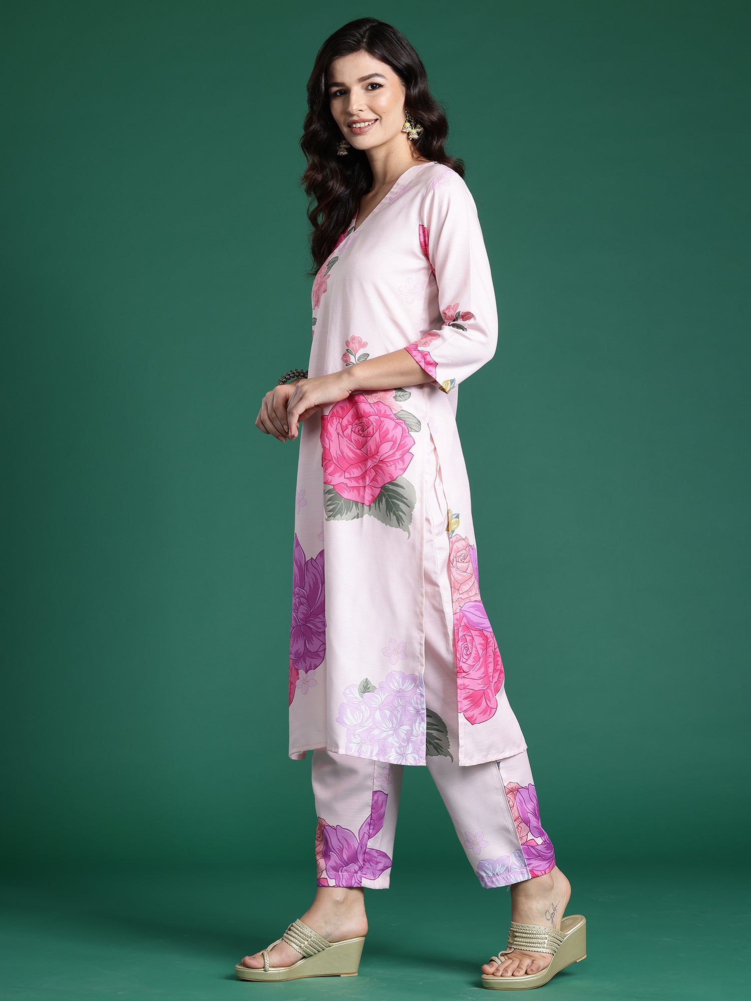 Indo Era Peach Printed Straight Kurta Trousers Set - Distacart