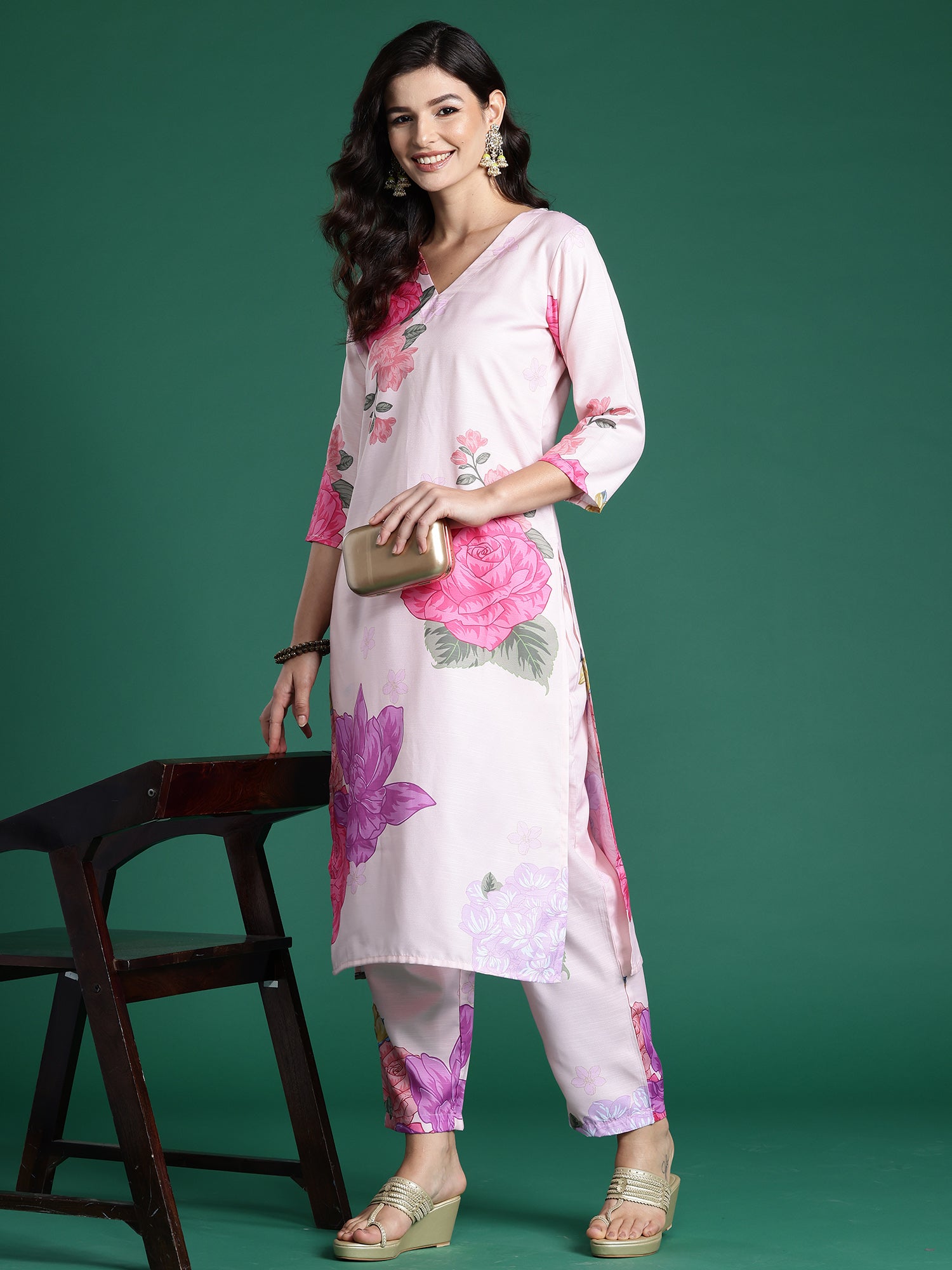 Indo Era Peach Printed Straight Kurta Trousers Set - Distacart