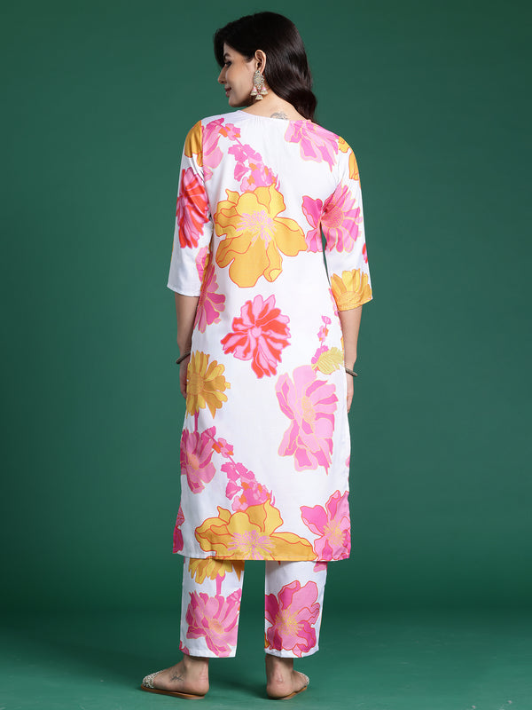 Indo Era White Printed Straight Kurta Trousers Set - Distacart