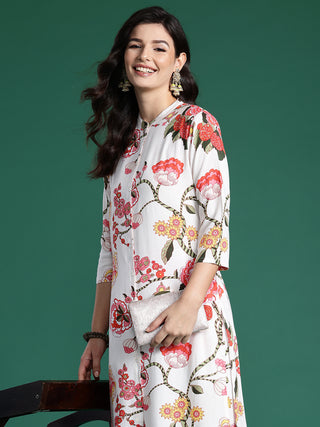 Indo Era White Printed Straight Kurta Palazzos Set - Distacart