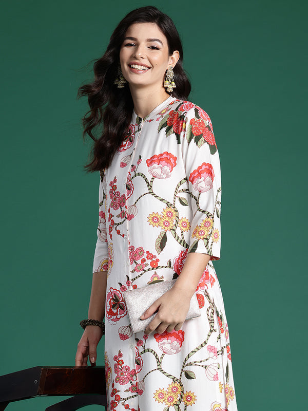 Indo Era White Printed Straight Kurta Palazzos Set - Distacart
