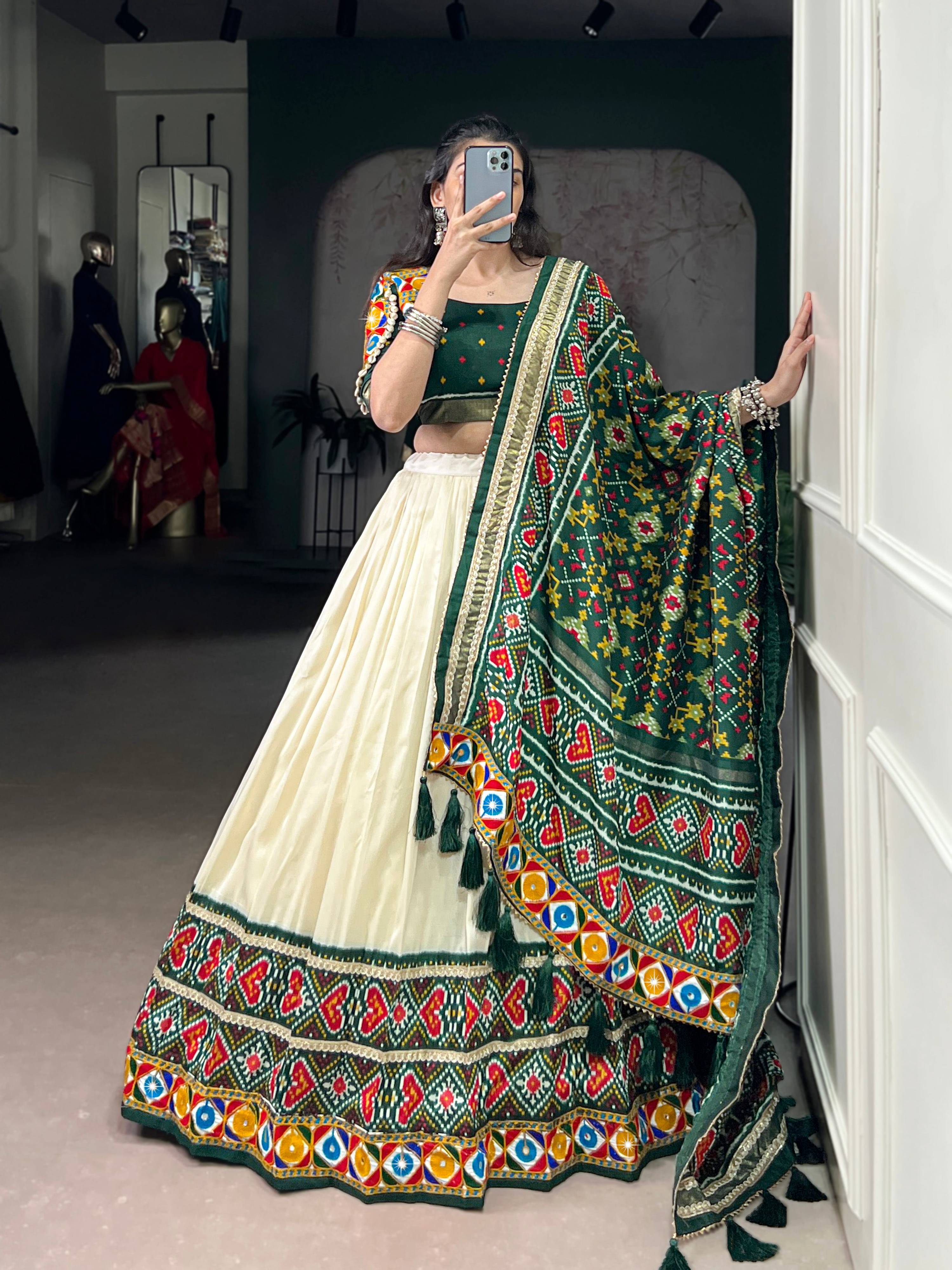 Lorenvalley Fashion Offwhite Tasar Silk Patola Print With Foil Work And Real Mirror Gamthi Work With Lace Touch Up Lehenga Choli with Dupatta - Distacart