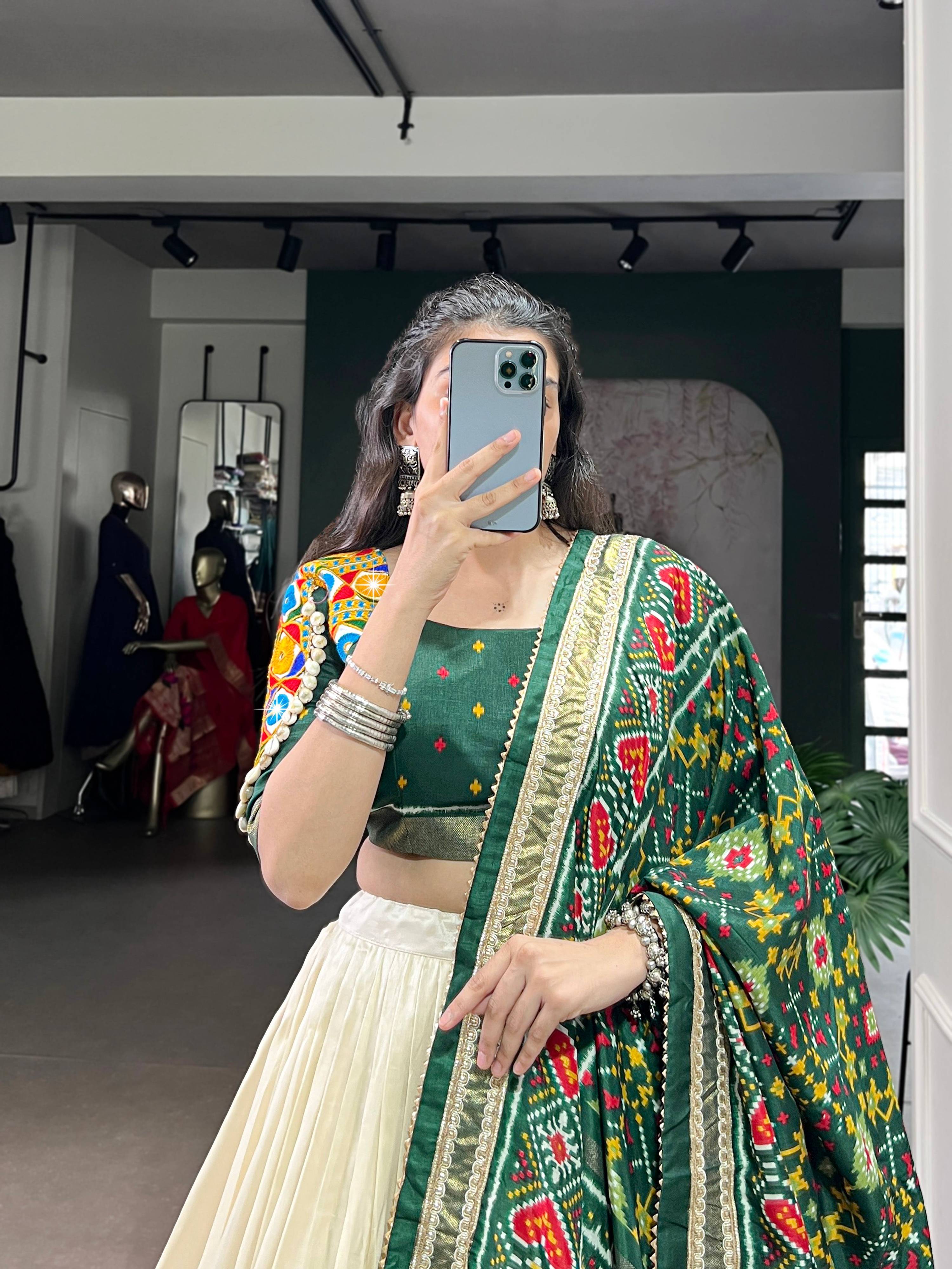 Lorenvalley Fashion Offwhite Tasar Silk Patola Print With Foil Work And Real Mirror Gamthi Work With Lace Touch Up Lehenga Choli with Dupatta