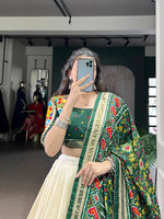 Thumbnail for Lorenvalley Fashion Offwhite Tasar Silk Patola Print With Foil Work And Real Mirror Gamthi Work With Lace Touch Up Lehenga Choli with Dupatta