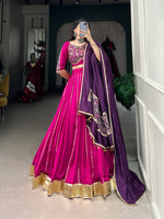 Thumbnail for Lorenvalley Pink Chanderi Plain With Zari Line Gota Patti And Embossed Design Lace Touch Up Lehenga Choli with Dupatta