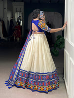Thumbnail for Lorenvalley Fashion Offwhite Tasar Silk Patola Print With Foil Work And Real Mirror Gamthi Work With Lace Touch Up Lehenga Choli with Dupatta