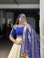 Thumbnail for Lorenvalley Fashion Offwhite Tasar Silk Patola Print With Foil Work And Real Mirror Gamthi Work With Lace Touch Up Lehenga Choli with Dupatta