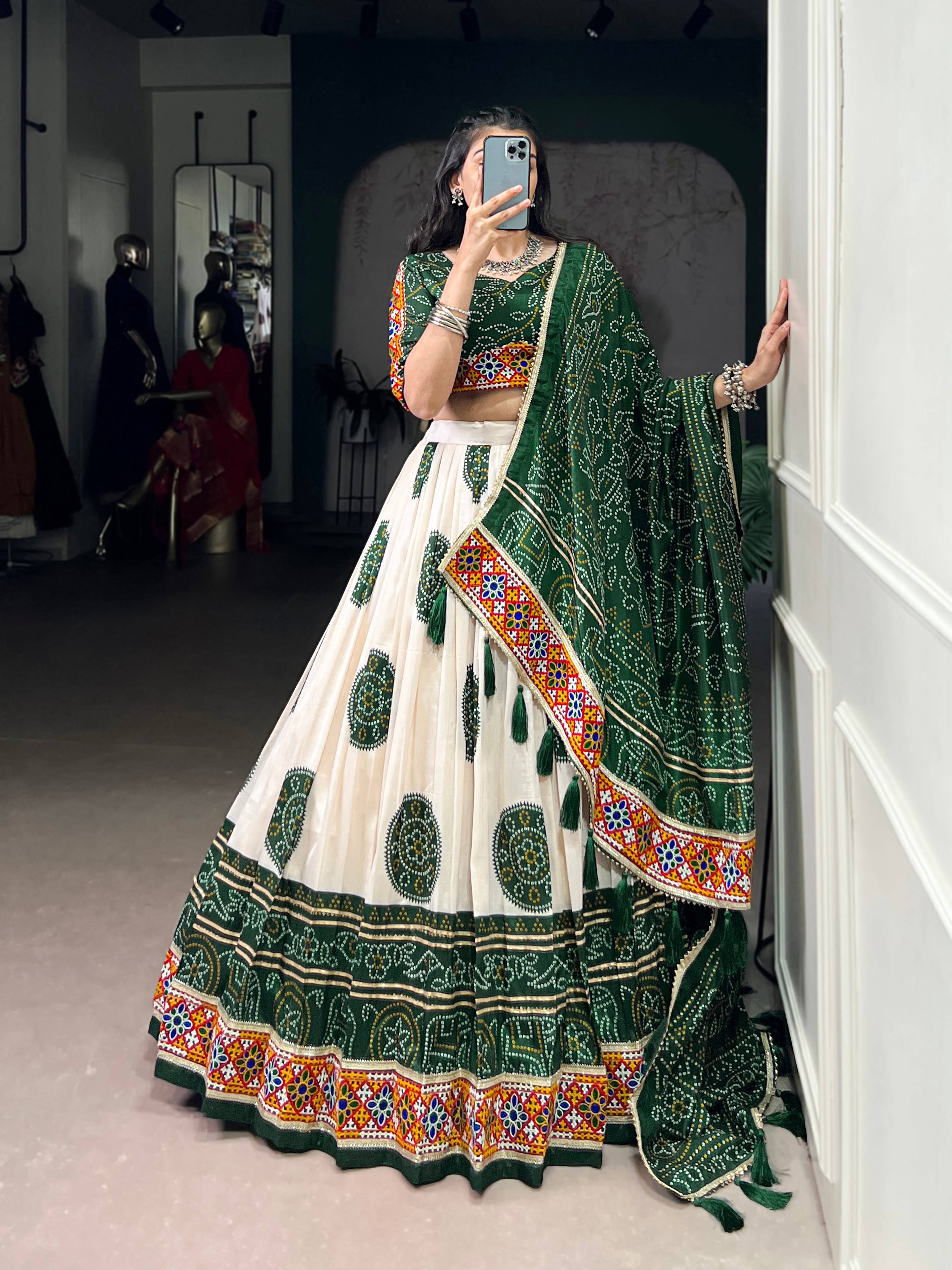 Lorenvalley Fashion Offwhite Tasar Silk Bandhej Print and Gamthi Work with Lace Touch Up Lehenga Choli with Dupatta - Distacart