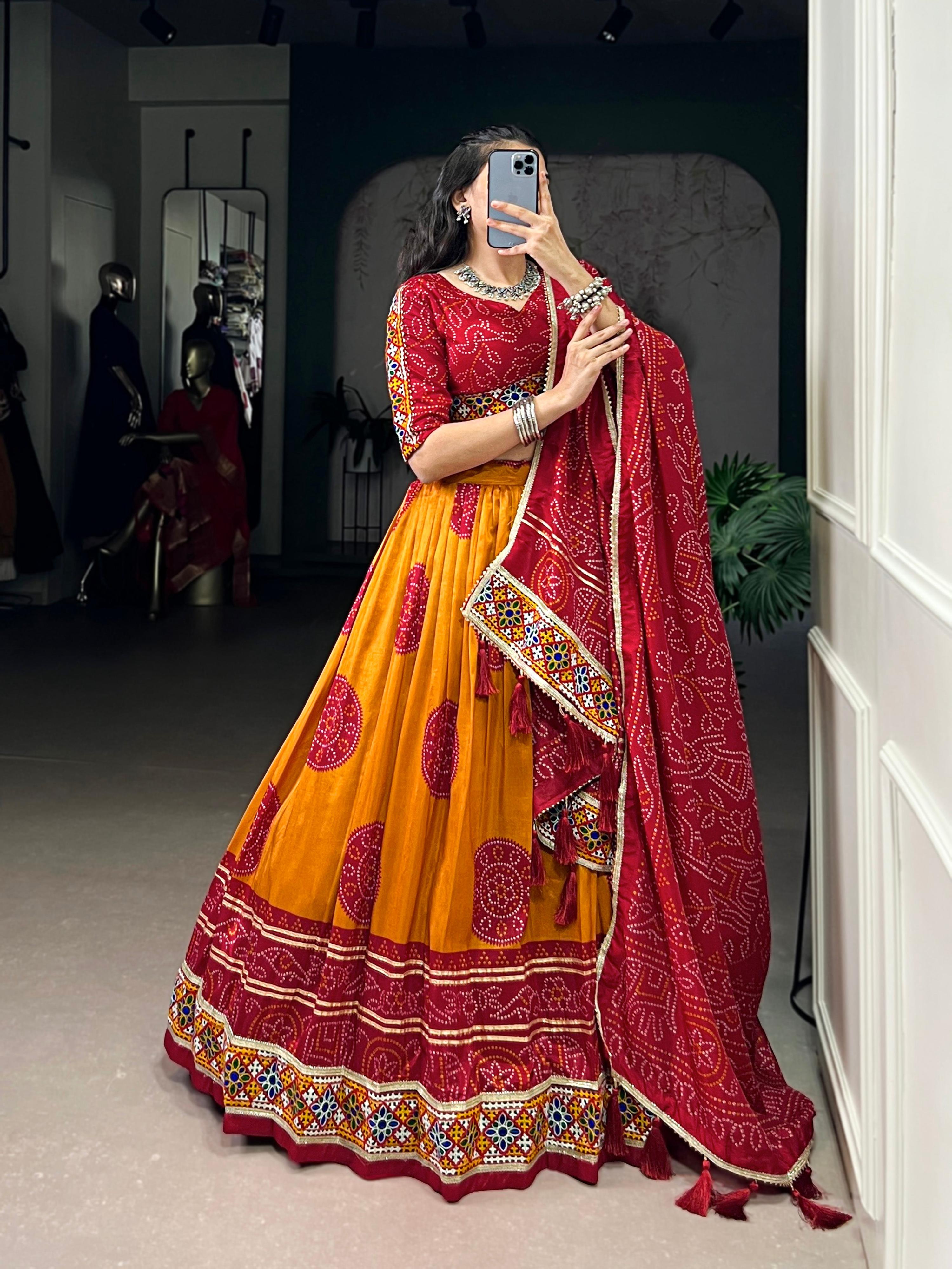 Lorenvalley Fashion Mustard Tasar Silk Bandhej Print and Gamthi Work with Lace Touch Up Lehenga Choli with Dupatta
