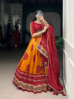 Thumbnail for Lorenvalley Fashion Mustard Tasar Silk Bandhej Print and Gamthi Work with Lace Touch Up Lehenga Choli with Dupatta
