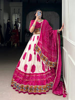 Thumbnail for Lorenvalley Fashion Offwhite Tasar Silk Bandhej Print and Gamthi Work with Lace Touch Up Lehenga Choli with Dupatta