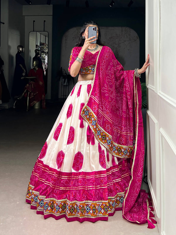 Lorenvalley Fashion Offwhite Tasar Silk Bandhej Print and Gamthi Work with Lace Touch Up Lehenga Choli with Dupatta