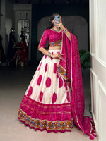 Thumbnail for Lorenvalley Fashion Offwhite Tasar Silk Bandhej Print and Gamthi Work with Lace Touch Up Lehenga Choli with Dupatta