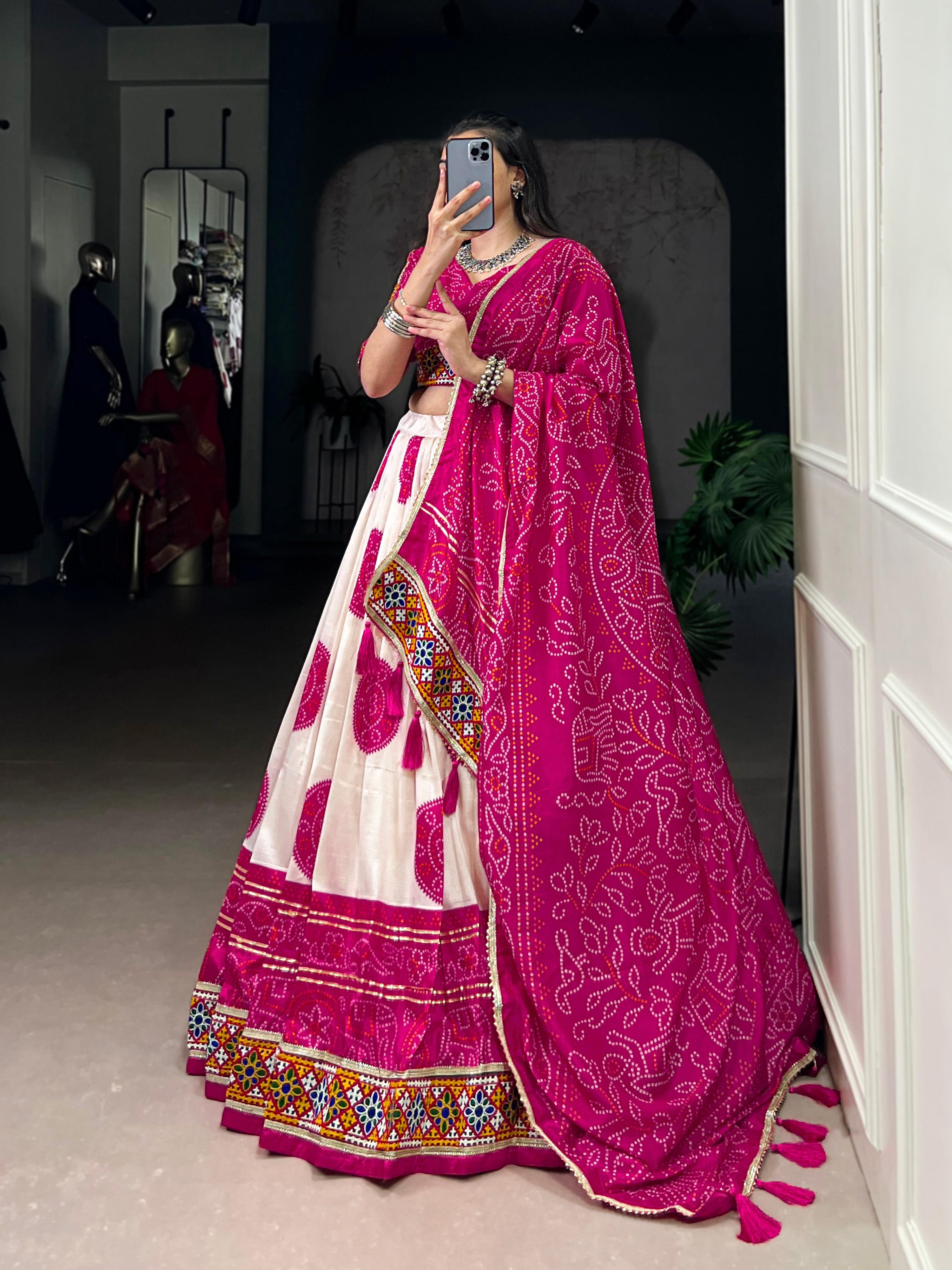 Lorenvalley Fashion Offwhite Tasar Silk Bandhej Print and Gamthi Work with Lace Touch Up Lehenga Choli with Dupatta