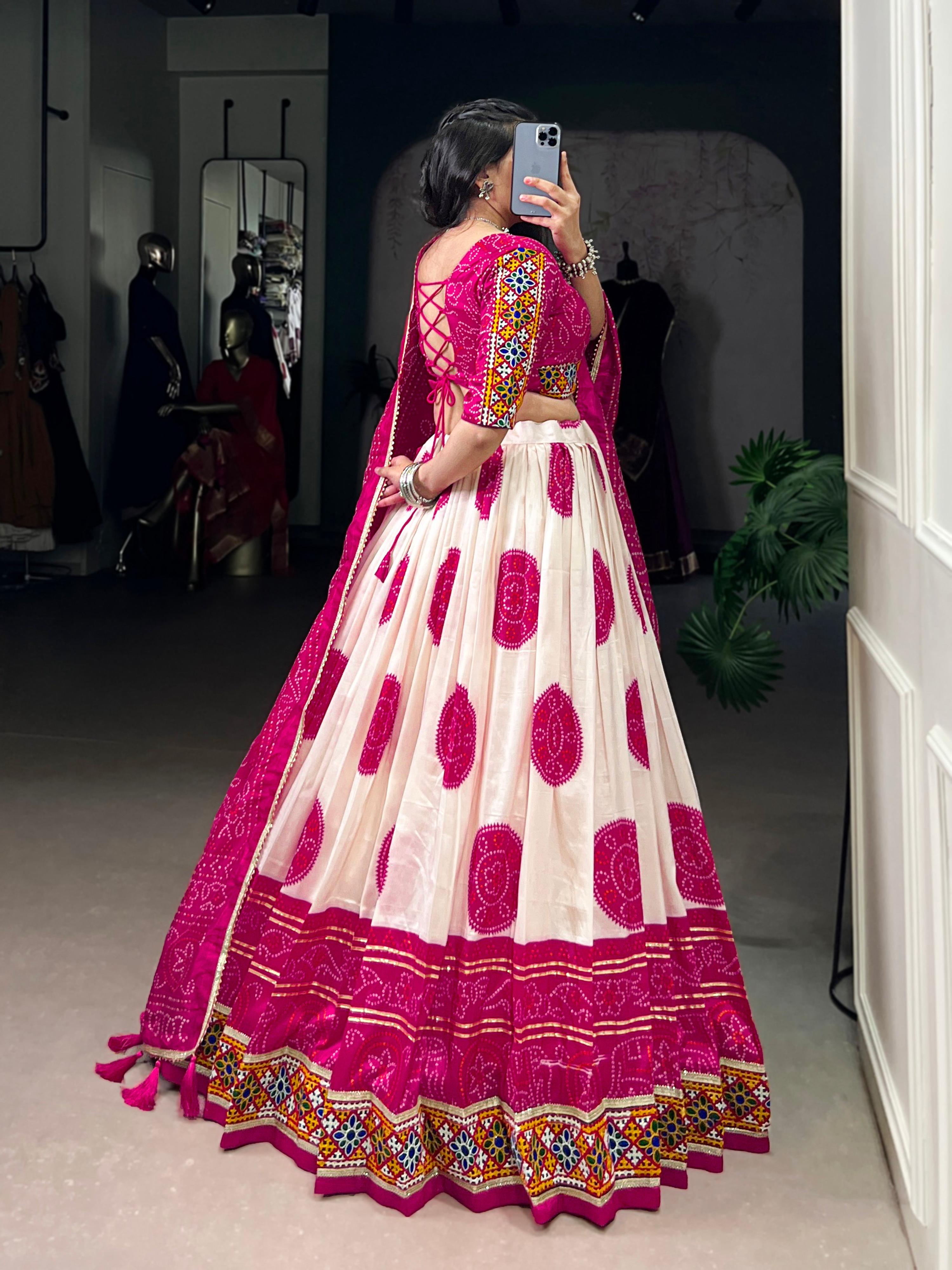 Lorenvalley Fashion Offwhite Tasar Silk Bandhej Print and Gamthi Work with Lace Touch Up Lehenga Choli with Dupatta