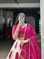 Thumbnail for Lorenvalley Fashion Offwhite Tasar Silk Bandhej Print and Gamthi Work with Lace Touch Up Lehenga Choli with Dupatta
