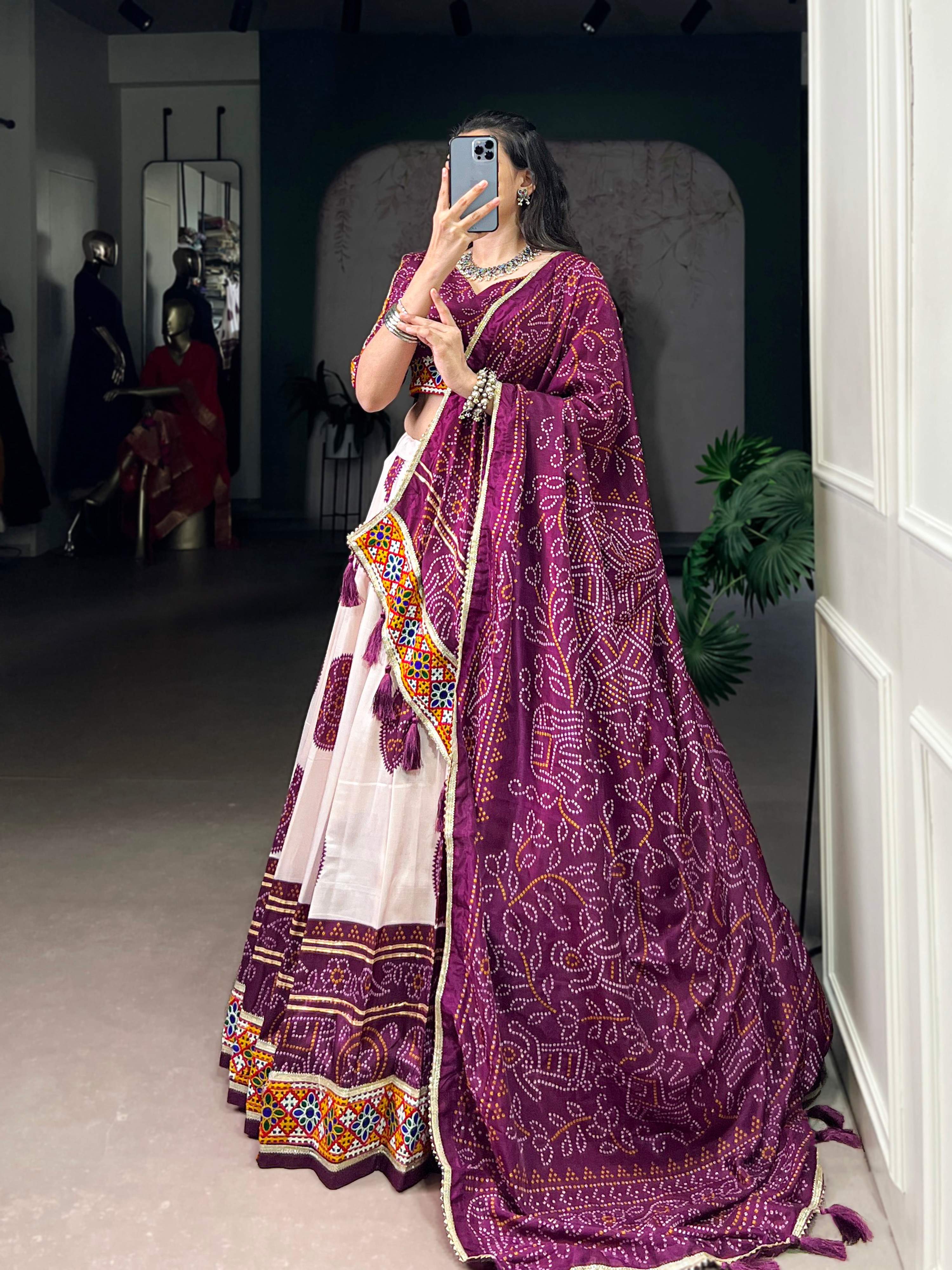 Lorenvalley Fashion Offwhite Tasar Silk Bandhej Print and Gamthi Work with Lace Touch Up Lehenga Choli with Dupatta