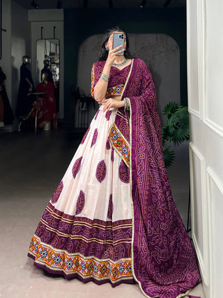 Lorenvalley Fashion Offwhite Tasar Silk Bandhej Print and Gamthi Work with Lace Touch Up Lehenga Choli with Dupatta