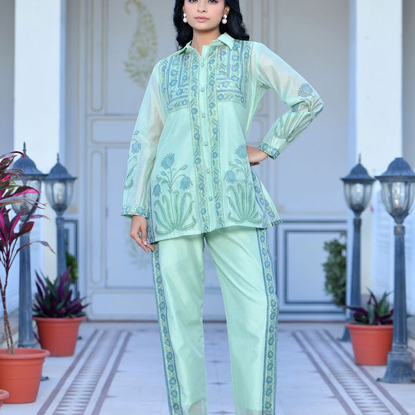 Vaasva Women's Marine Chanderi Block Printed Cord Set - Distacart