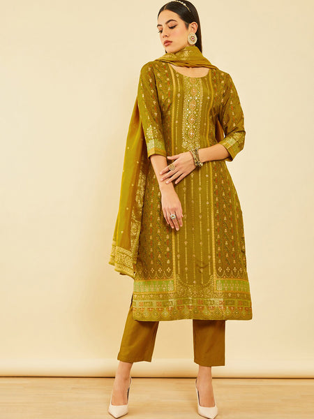 Soch Mustard Yellow Ethnic Motifs Printed Straight Kurta & Trouser With Dupatta - Distacart