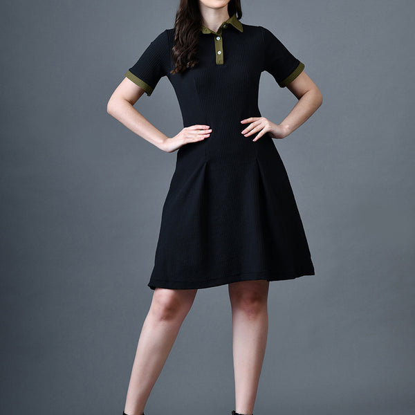 Myshka Women Black Polyester A-Line Shirt Collar Solid Above Knee Short Sleeves Dresses - Distacart