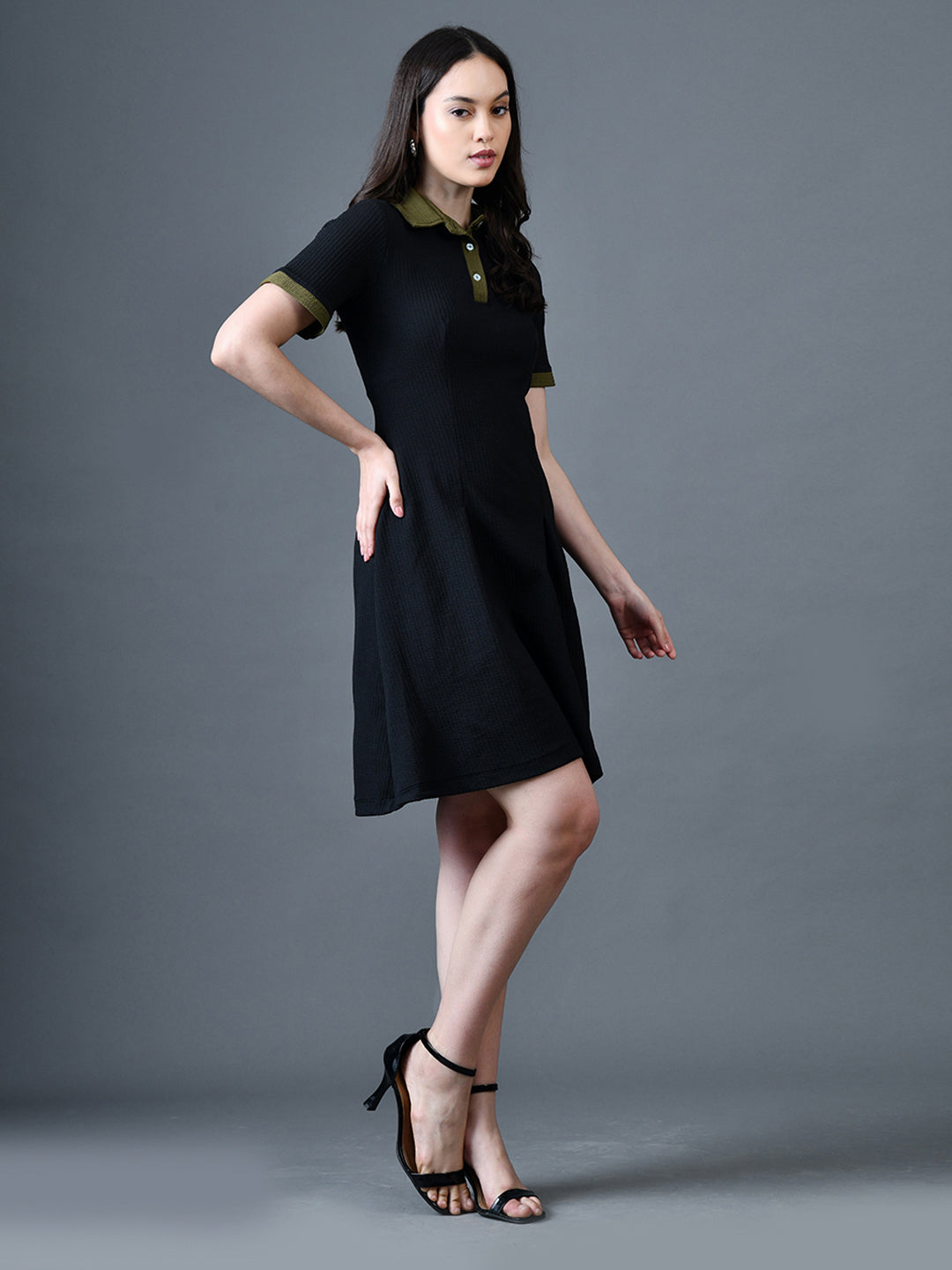 Myshka Women Black Polyester A-Line Shirt Collar Solid Above Knee Short Sleeves Dresses - Distacart