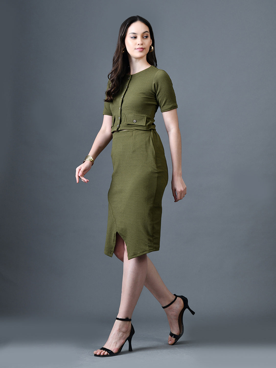 Myshka Women Olive Polyester A-Line Round Neck Solid Knee Length Short Sleeves Co-Ords - Distacart