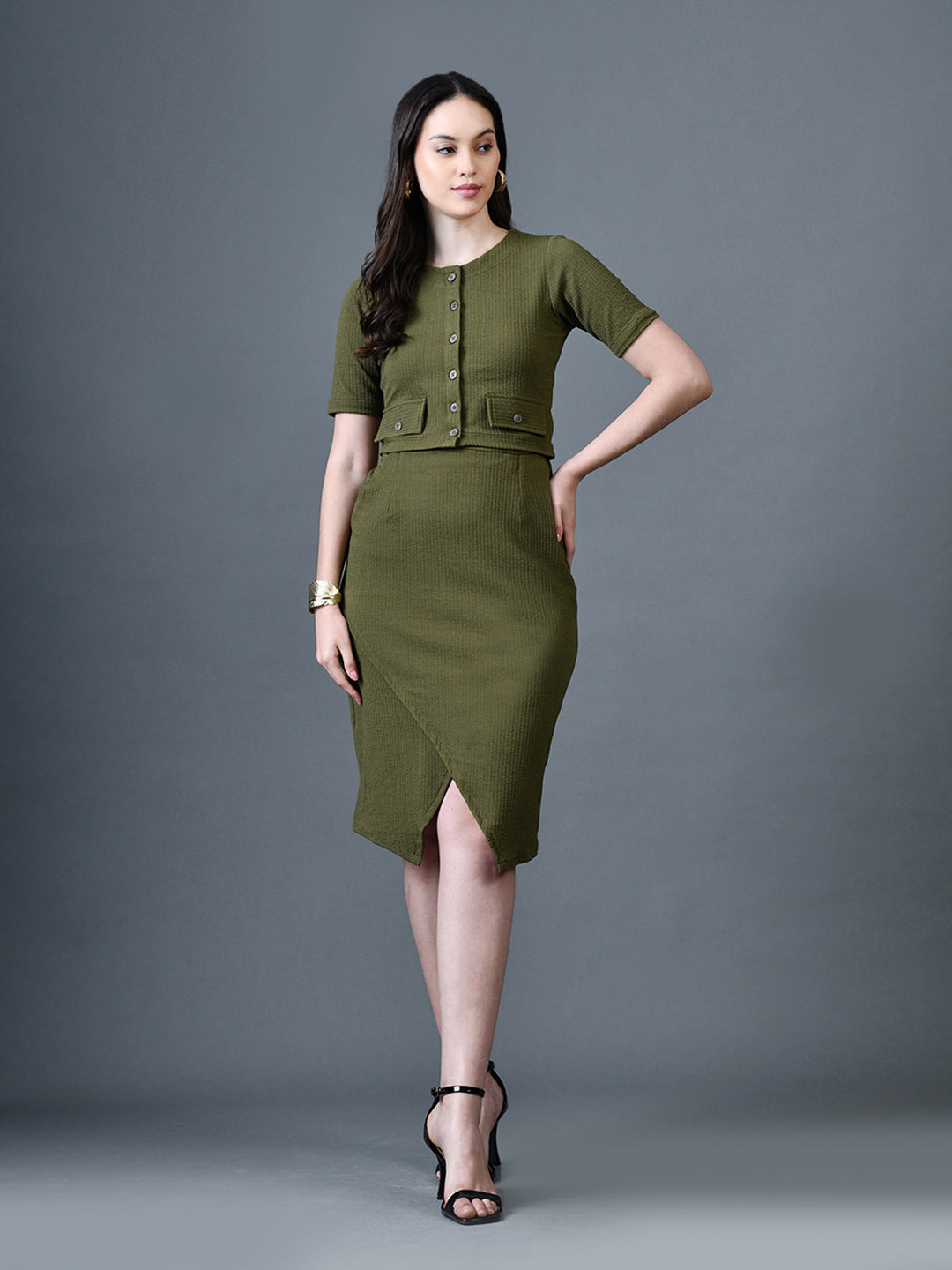 Myshka Women Olive Polyester A-Line Round Neck Solid Knee Length Short Sleeves Co-Ords - Distacart