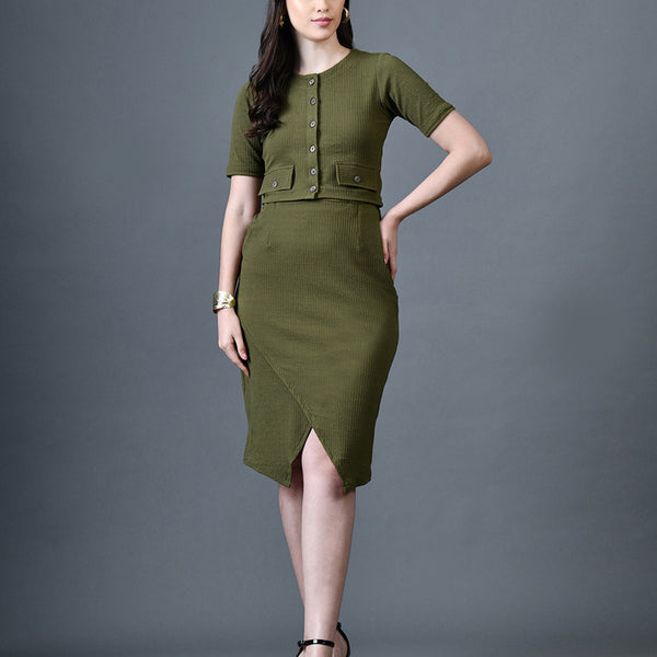 Myshka Women Olive Polyester A-Line Round Neck Solid Knee Length Short Sleeves Co-Ords - Distacart
