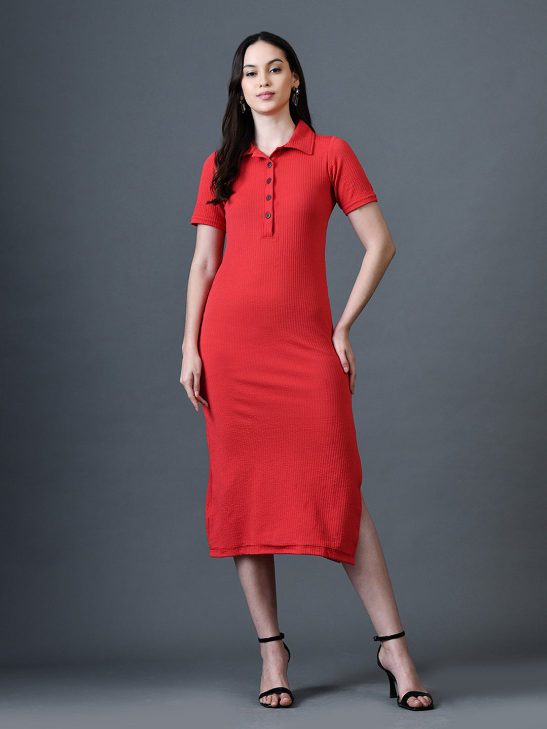 Myshka Women Red Polyester A-Line Shirt Collar Solid Knee Length Short Sleeves Dresses - Distacart