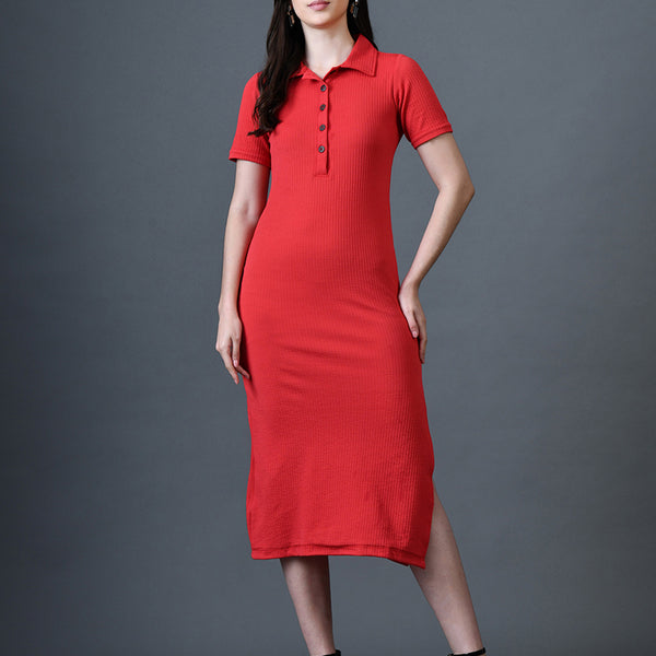 Myshka Women Red Polyester A-Line Shirt Collar Solid Knee Length Short Sleeves Dresses - Distacart