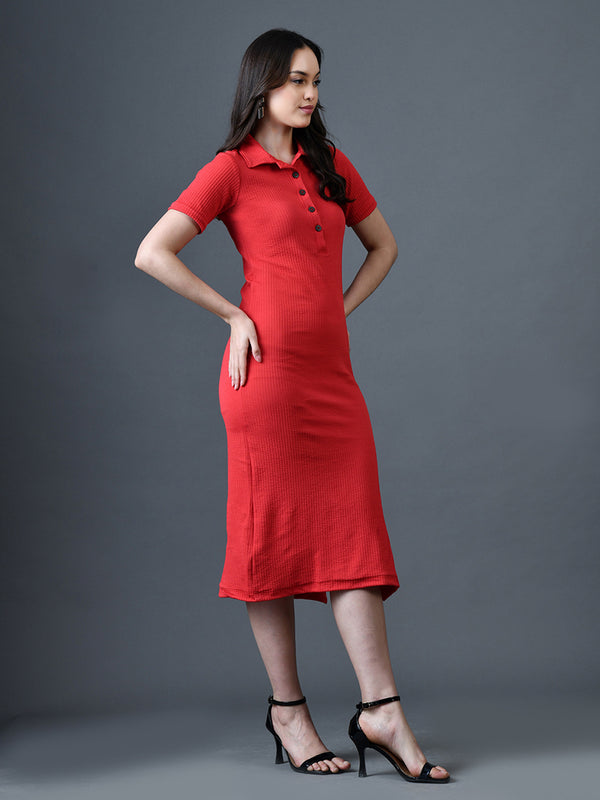 Myshka Women Red Polyester A-Line Shirt Collar Solid Knee Length Short Sleeves Dresses - Distacart