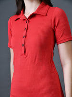 Thumbnail for Myshka Women Red Polyester A-Line Shirt Collar Solid Knee Length Short Sleeves Dresses - Distacart