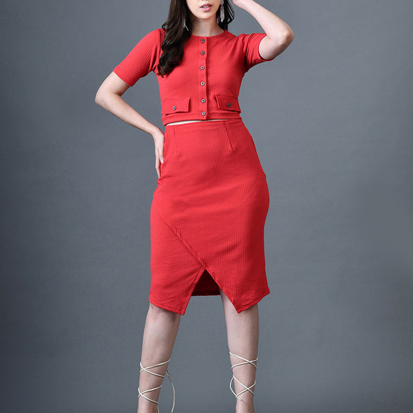Myshka Women Red Polyester A-Line Round Neck Solid Knee Length Short Sleeves Co-Ords - Distacart