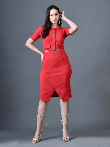 Myshka Women Red Polyester A-Line Round Neck Solid Knee Length Short Sleeves Co-Ords