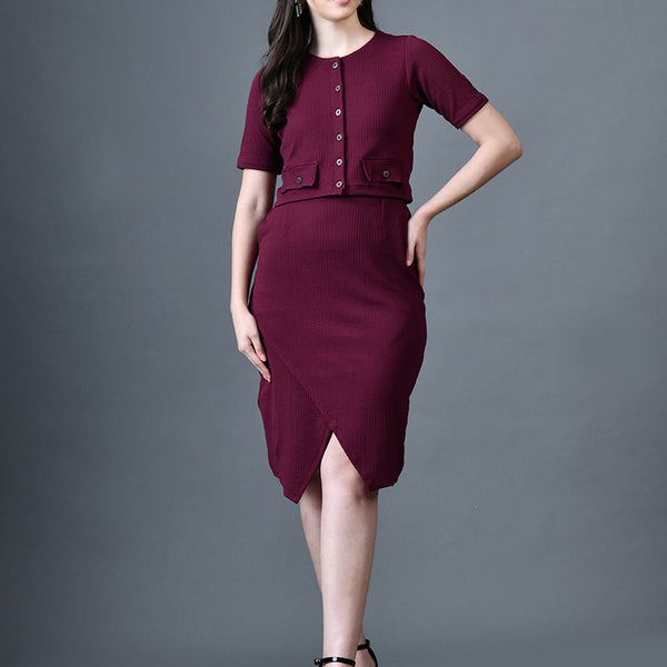 Myshka Women Magenta Polyester A-Line Round Neck Solid Knee Length Short Sleeves Co-Ords - Distacart
