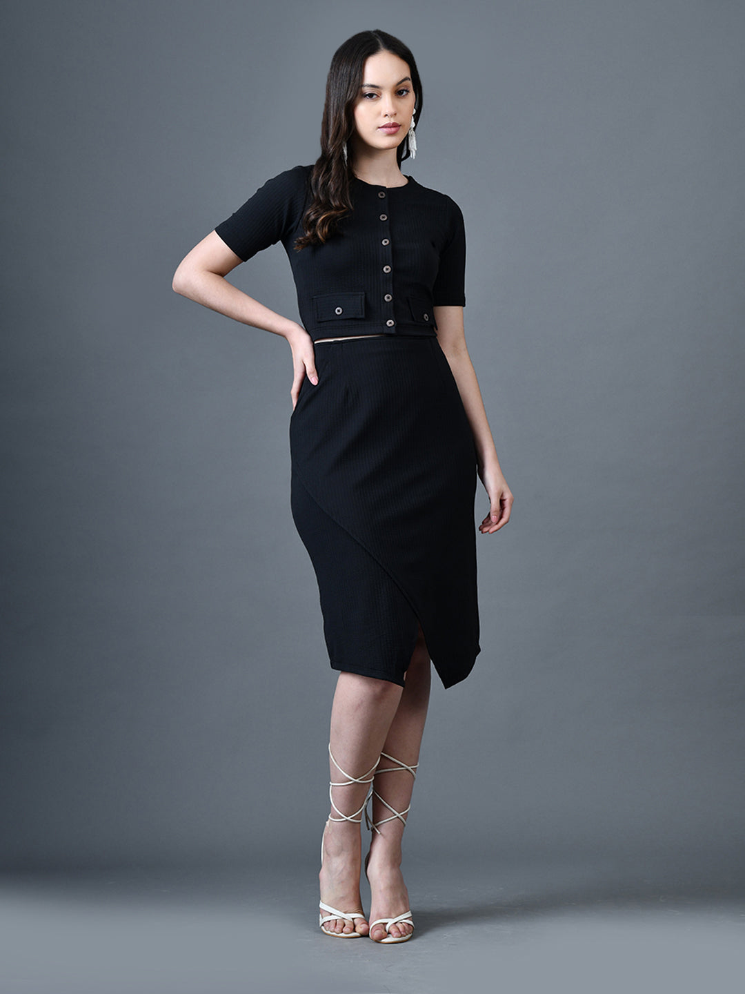 Myshka Women Black Polyester A-Line Round Neck Solid Knee Length Short Sleeves Co-Ords - Distacart