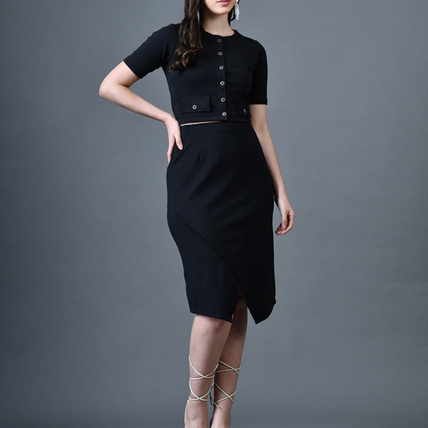 Myshka Women Black Polyester A-Line Round Neck Solid Knee Length Short Sleeves Co-Ords - Distacart