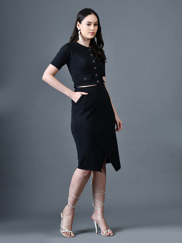 Myshka Women Black Polyester A-Line Round Neck Solid Knee Length Short Sleeves Co-Ords