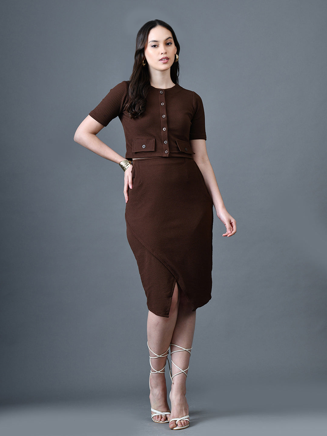 Myshka Women Brown Polyester A-Line Round Neck Solid Knee Length Short Sleeves Co-Ords - Distacart