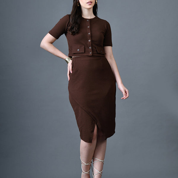 Myshka Women Brown Polyester A-Line Round Neck Solid Knee Length Short Sleeves Co-Ords - Distacart