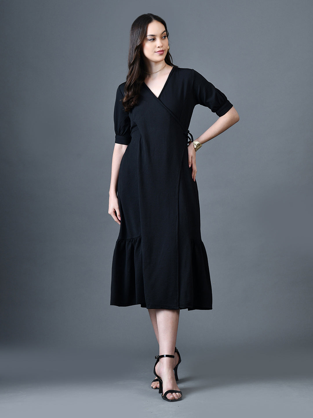 Myshka Women Black Polyester A-Line V-Neck Solid Knee Length Short Sleeves Dresses - Distacart