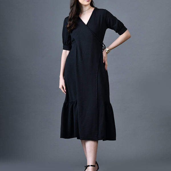 Myshka Women Black Polyester A-Line V-Neck Solid Knee Length Short Sleeves Dresses - Distacart